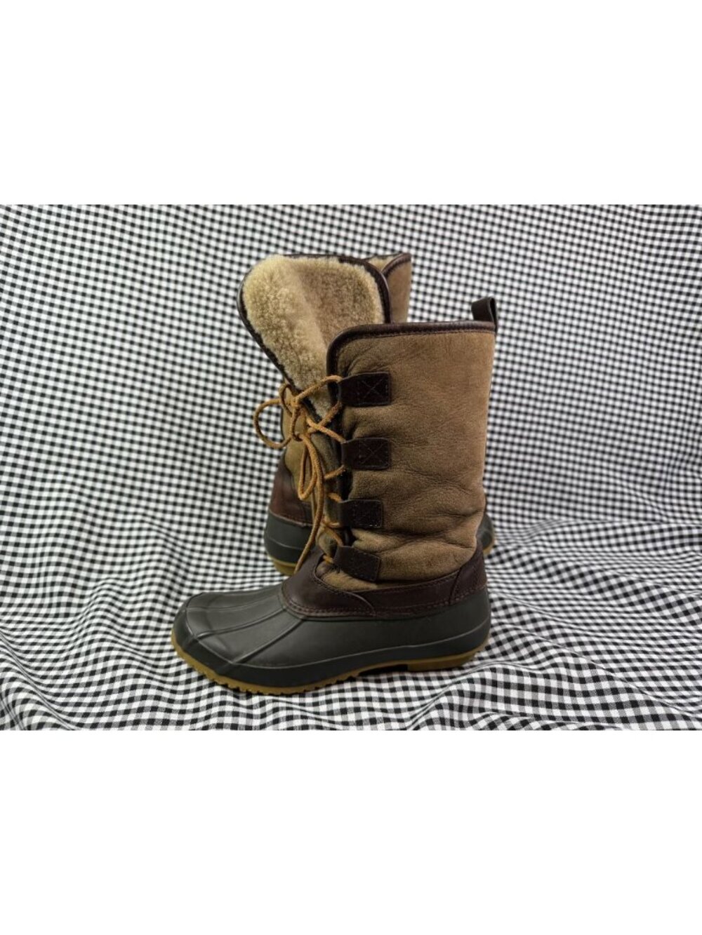 Tory Burch Argyll Duck Boots Womens 7 Brown Olive Shearling Lined Lace Up Winter
